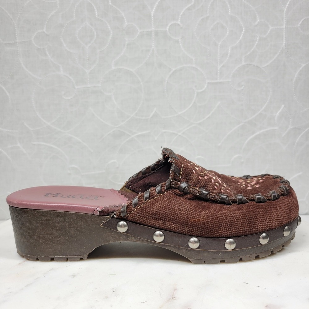 VTG Mudd Embroidered Mules Womens 9 Brown Floral Rivets Wooden Platform Y2K - Picture 14 of 14